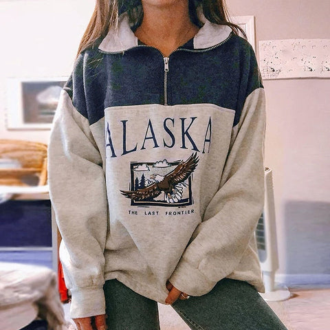 Women Letter Printed Sweatshirts Stand Collar Half Zipper Long Sleeve Pullovers Autumn Winter Casual Loose Outwear Sweatshirts