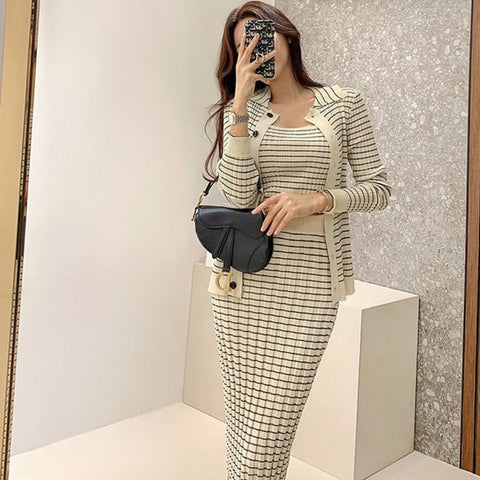 Korean Knitting 3 Pieces Set Women Knitted Sling + Cardigan And Pencil Skirts Casual Simple Office Lady Skirt Suit