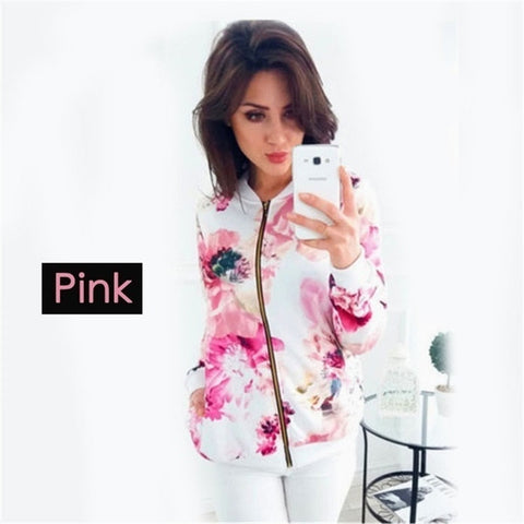 Women Floral Jackets Spring Summer Long Sleeve  Zipper Print Bomber Jacket Casual Pocket Slim Female Fashion Outwears Plus Size