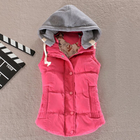 winter women solid thick vest hooded casual female warm outwear cotton padded office ladies single breasted chaleco mujer