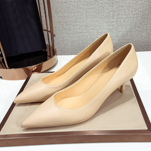 New Elegant Classic Women Pumps For Female Genuine Leather Medium Heeled Ladies Fashion White Nude High Heels Office Shoes A001