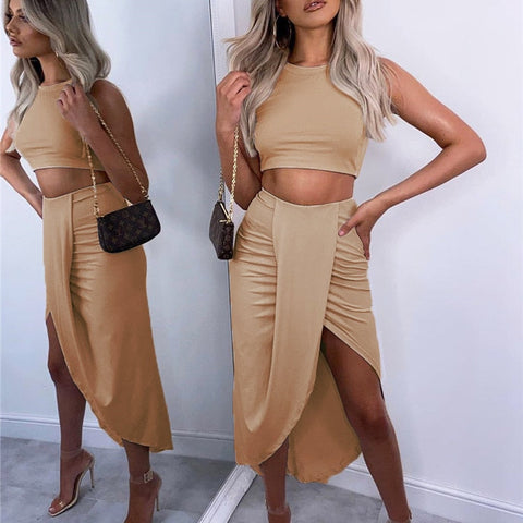 White Casual Two Piece Set Top Pleated Long Skirt Split Autumn Women Set High Stretch 2 Piece Set Women Outfit