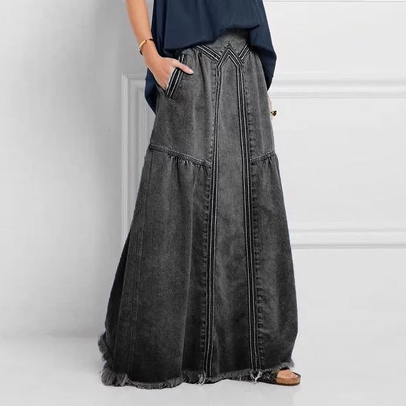 Oversize Fashion Street Skirt Summer A Line Denim Skirt Women Autumn Sun Skirt Casual Solid High Waist Women's Long Skirt