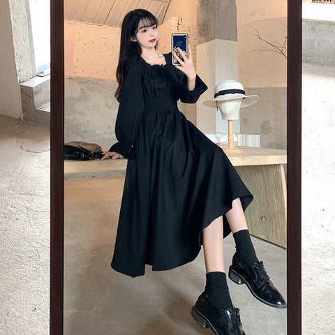 Black Elegant Dress Women Vintage Long Sleeve Spring Autumn Dresses Square Collar Oversize Loose Casual Robe Streetwear