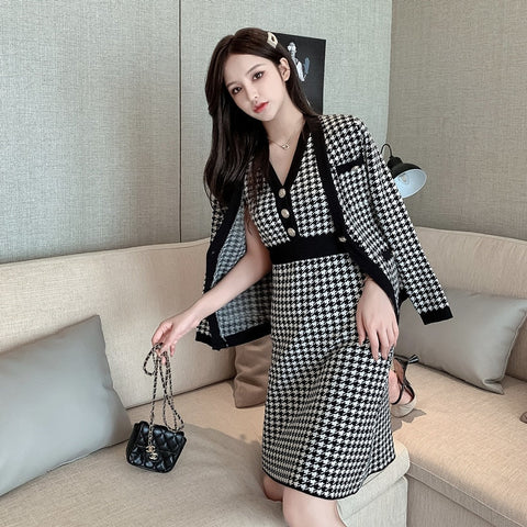 New  Autumn Winter Knitted 2 Piece Set Women Single-Breasted Houndstooth Cardigan Jacket Warm Sweater Coat+Knit Vest Dress