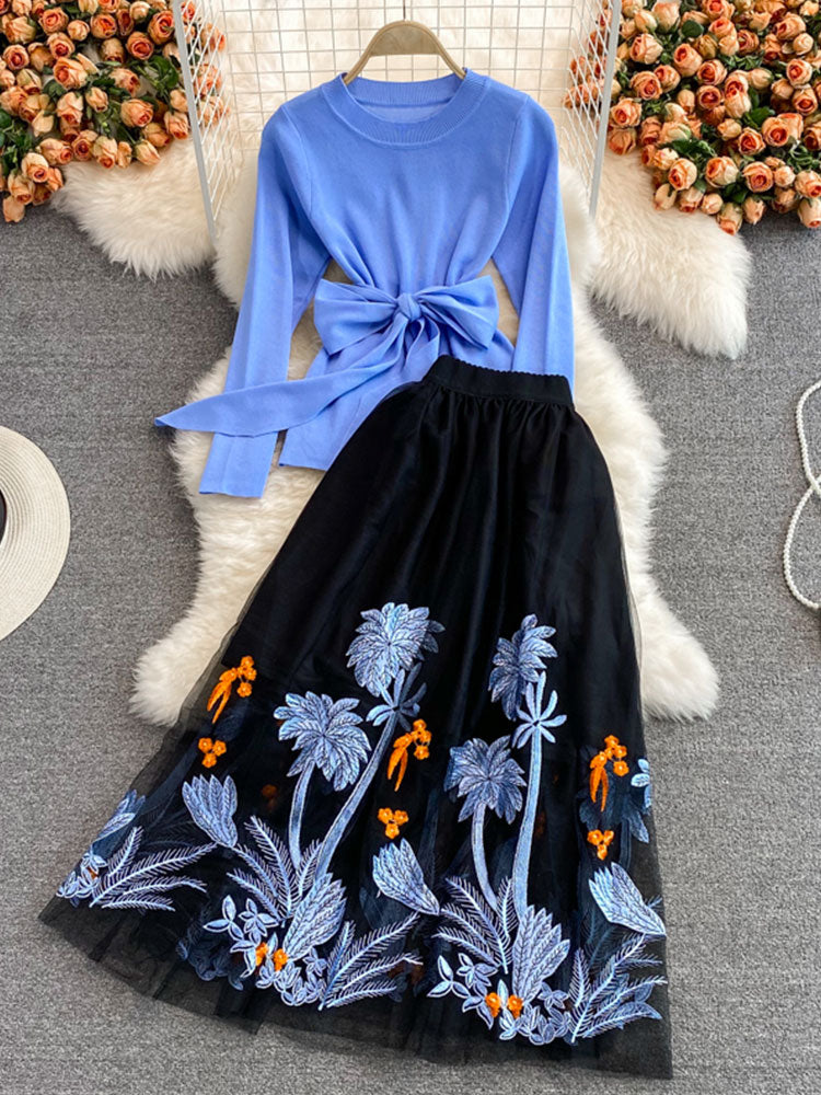 Autumn Spring Blue Knit Tops and Embroidery A-line Midi Skirt Two piece Sets Women Runway Design Fashion Knit Set Suit M69511