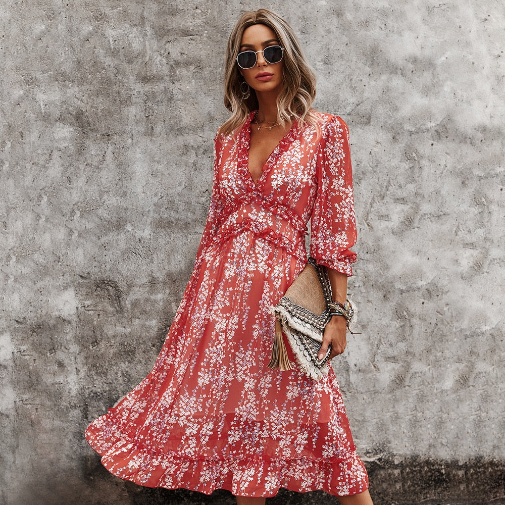 Sexy V Neck Floral Dress Ladies Butterfly Sleeve High Waist Casual Print Dresses For Women Summer Chiffon Dress