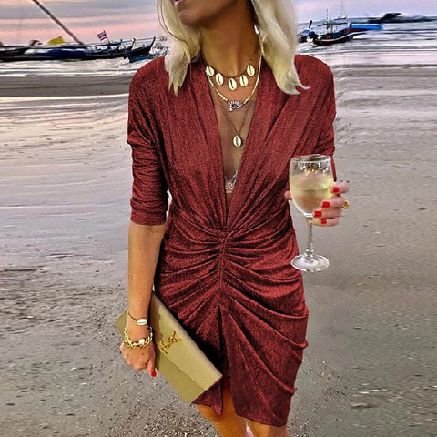 Lady Elegant Long Sleeve Club Glitter Mini Dress Sexy Deep V Neck Shiny Silk Party Dress Women Folds Pleated Bodycon Slit Dress