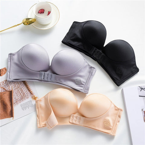 pbong 1/2 Cup Push Up Bra Front and Behind Buckle Underwear Women Sexy Deep V Strapless Stealth Brassiere Wire Free Thicken Lingerie