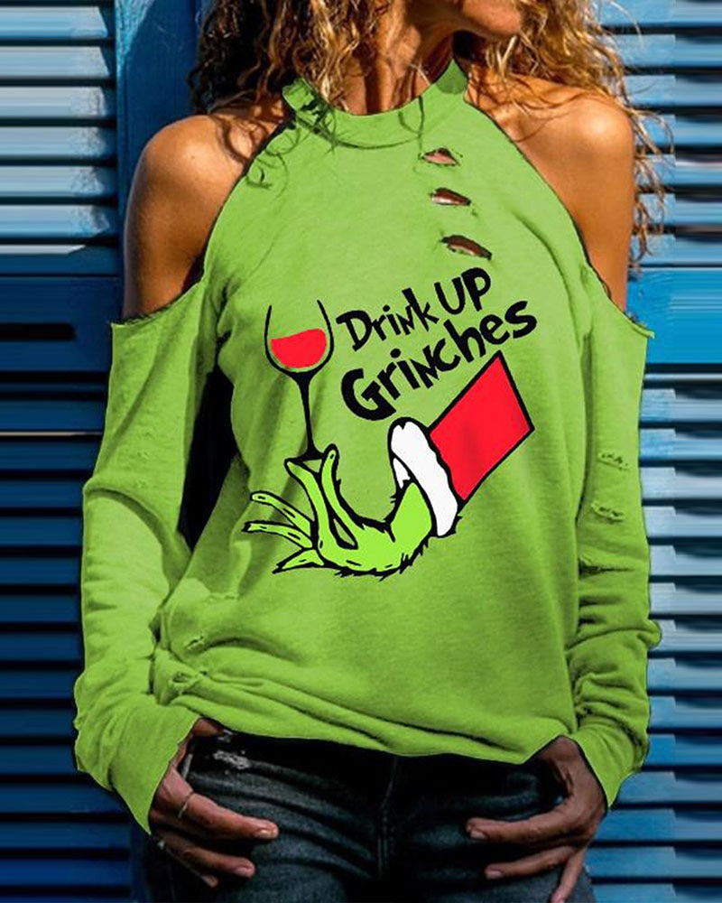 Christmas Festival Grinches Letter Print Cutout Ladies Pullover Top Long Sleeve Sweatshirts Casual Green T-Shirts New Year