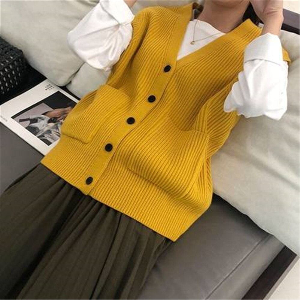 Knitted Sweater Vest Women Soft Stretchy Simple Basic Daily V-neck Solid Open-stitch Female Street-wear Vintage Korean All-match