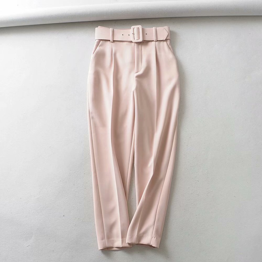 Women fashion solid color sashes casual slim pants chic business Trousers female fake zipper pantalones mujer retro pants P575