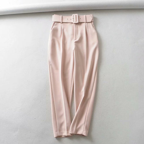 Women fashion solid color sashes casual slim pants chic business Trousers female fake zipper pantalones mujer retro pants P575