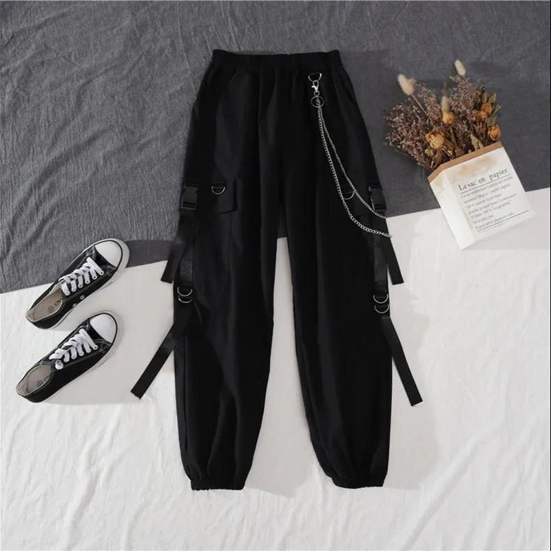 Spring Autumn Women Harajuku Cargo Pants Handsome Cool Two-piece Suit Chain Long Sleeve+Ribbon Pants