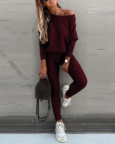 Ladies Long sleeve 2 Pieces Sets Women Fashion Solid Outfits Spring Autumn Sets Slash Neck Suits Streetwear Joggers Tracksuit