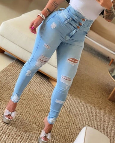 Pbong New Streetwear Womens Clothing High Waist Button Ripped Tight Jeans Fashion Casual Bodycon Trousers Skinny Denim Long Pants