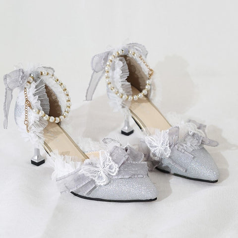 Elegant Lolita Lace High Heels Loli Wedding Dress Shoe Fairy Women Tea Party Butterfly Bow Lolita Sandals Feminine Cosplay Anime