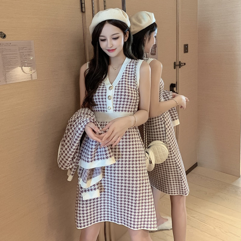 New  Autumn Winter Knitted 2 Piece Set Women Single-Breasted Houndstooth Cardigan Jacket Warm Sweater Coat+Knit Vest Dress