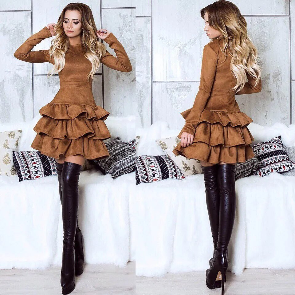 BornToGirl Women Spring Autumn Winter Vintage Casual Thick Long Sleeve O Neck Slim High Waist Black Brown Suede Cake Dresses