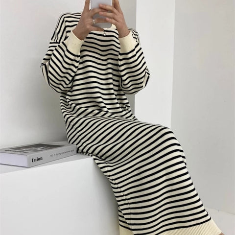 Autumn And Winter New Large Size Long Sweater Dress Women Loose Striped Knitted Sweater Korea Style Casual Knit Dresses