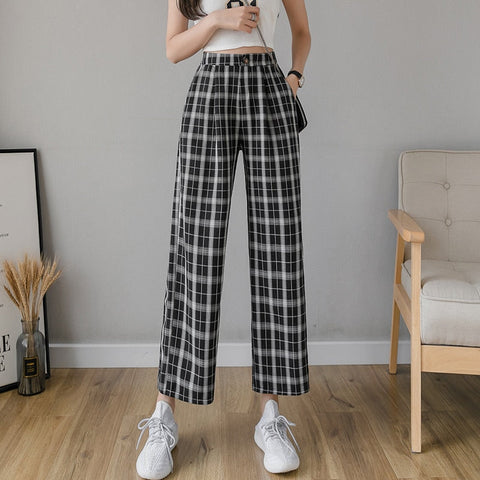 Vintage Plaid Pants Women High Waist Plus Size Wide Leg Casual Female Trousers Fashion Joggers Clothes Streetwear