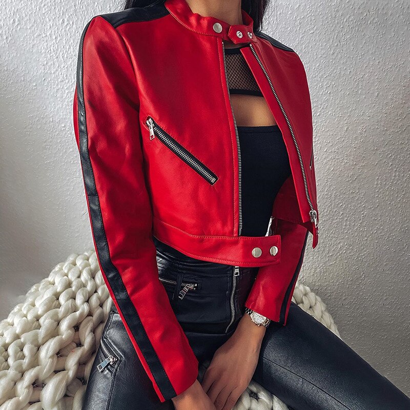 Ladies Coat Dark Academia Spring Autumn Zipper Motorcycle Jacket Women Short Faux Leather Jacket Black Red Leather Jacket