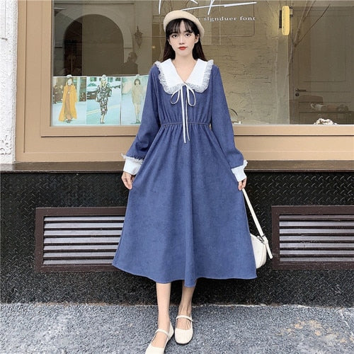 Vintage Dress Women Sweet Lace Peter Pan Collar French Elegant Long Sleeve Lace-Up Fairy One Piece Dress Korean Autumn Chic