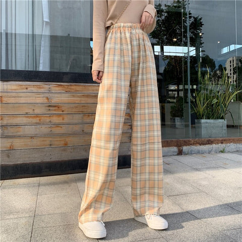 INS Cool Women Baggy Blue Pants Lady Oversized Wide Leg Plaid Slacks Harem Pants Student Autumn Purple Pink Long Flare Trousers