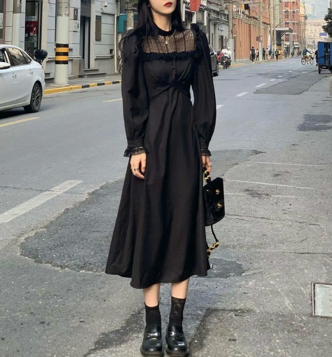 Gothic Black Y2k Dress Women Autumn Casual Lace Long Sleeve One Piece Dress Korean Evening Party Elegant Midi Dress Female