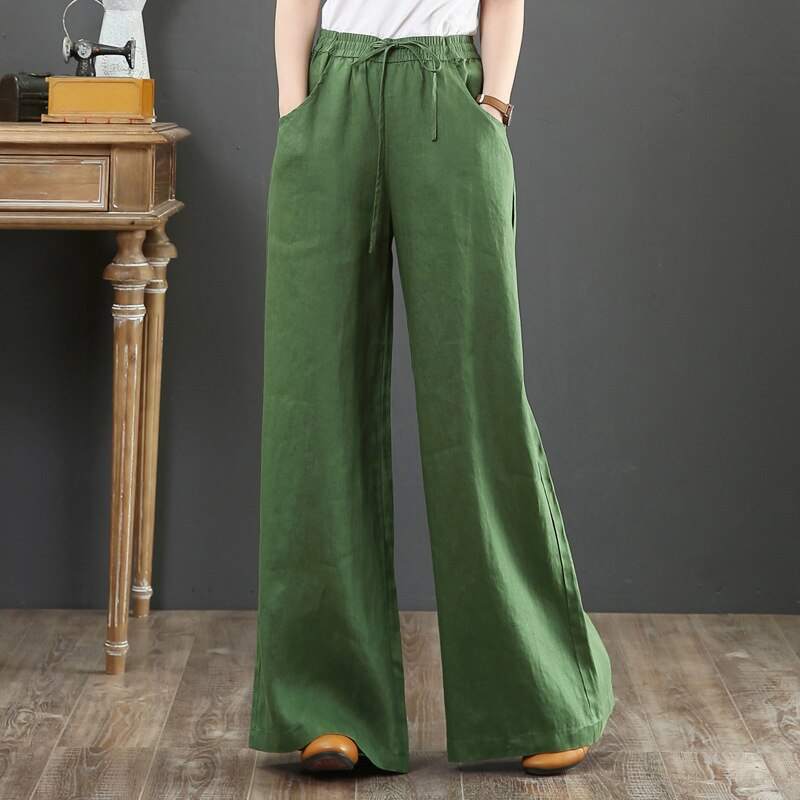 Pbong Women's Cotton Linen Pants High Waisted Harem Loose Soft Elastic Waist White Summer Pants Blue Casual  Trousers For Female