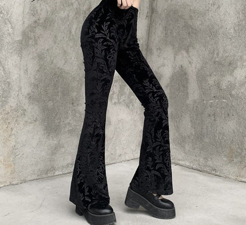 Goth Dark Vintage Floral Scratched Gothic Pants Velvet High Waist Skinny Flare Trousers For Women Autumn Winter Streetwear