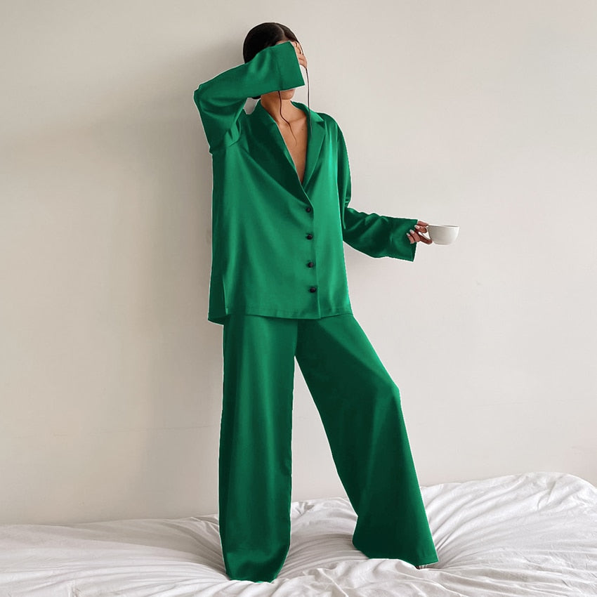 Oversized Satin Silk Sleepwear Low Cut Sexy Pajamas For Women Single-Breasted Long Sleeves Wide Leg Pants Trouser Suits