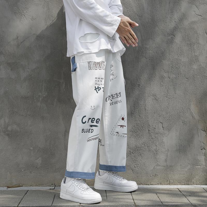 Graffiti jeans men's trendy brand loose straight Korean version of the trend of oversized overalls nine points on the sweatpants