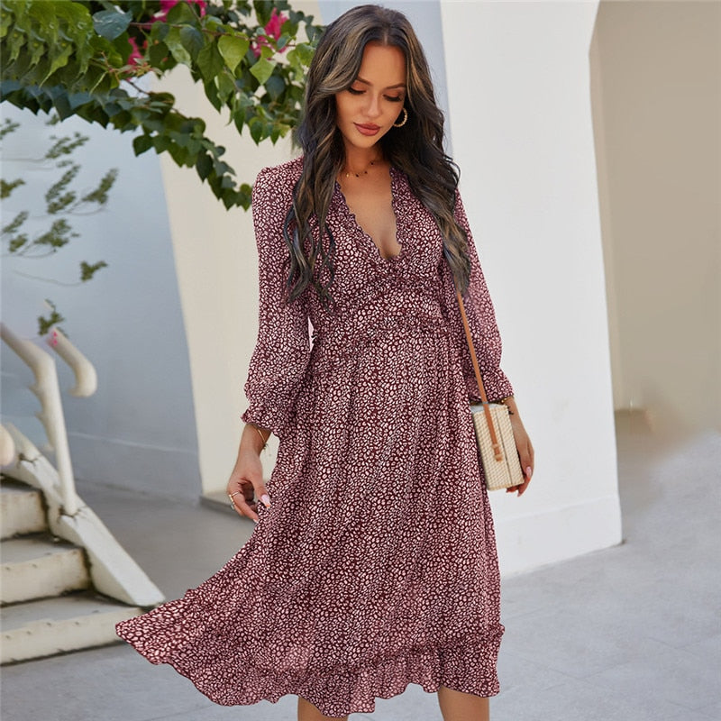 Sexy V Neck Floral Dress Ladies Butterfly Sleeve High Waist Casual Print Dresses For Women Summer Chiffon Dress