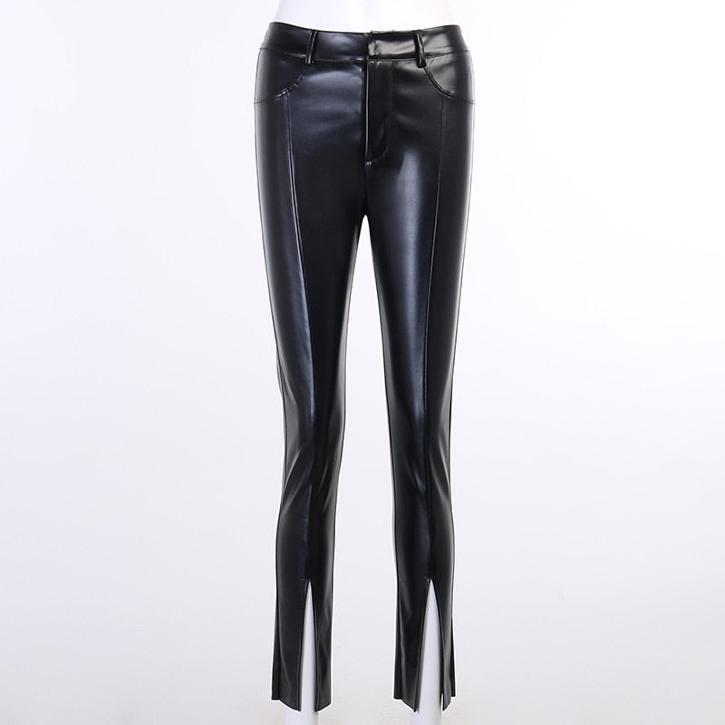 WannaThis High Waist Faux Leather Women's Pants Hem Split Black Brown Autumn Casual Ladies Streetwear PU Trousers Pencil Pants