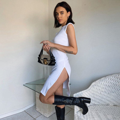 Pbong mid size graduation outfit romantic style teen swag clean girl ideas 90s latina aestheticNew Women's Fashion Summer Sexy Knee-length Sleeveless Soild Color Dress Female O-neck High Waist Gothic Dress Split