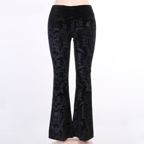 Goth Dark Vintage Floral Scratched Gothic Pants Velvet High Waist Skinny Flare Trousers For Women Autumn Winter Streetwear