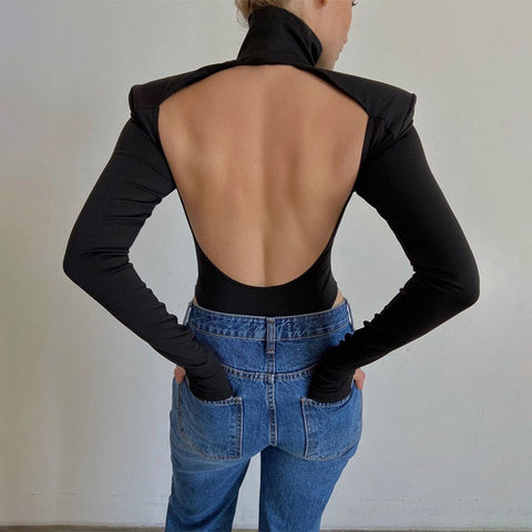 Sexy Backless Bodysuits Cotton Women Turtleneck Long Sleeve Rompers Female Black Casual Body Tops Streetwear