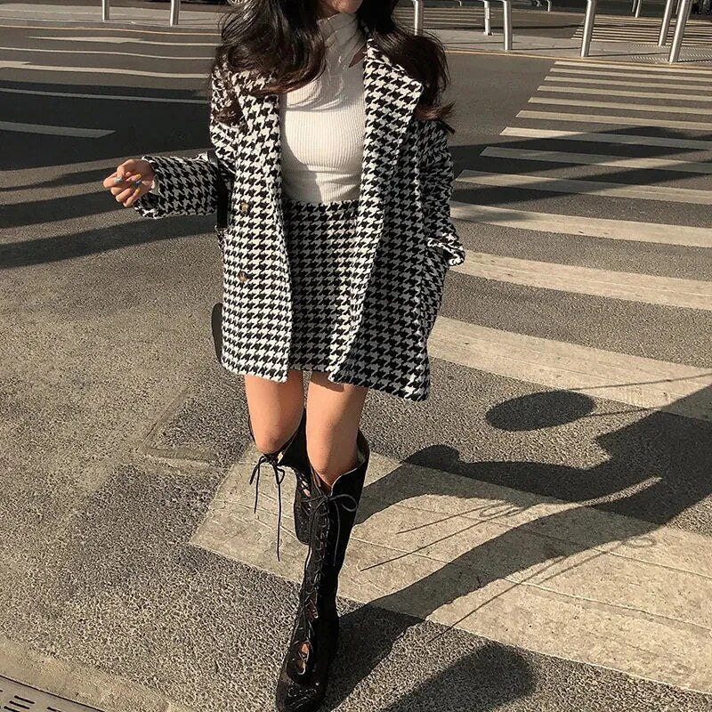 Spring Autumn Houndstooth Print Coats Women+skirt Two Piece Set Women New Turn-down Collar Single-breasted Streetwear Coat Suit