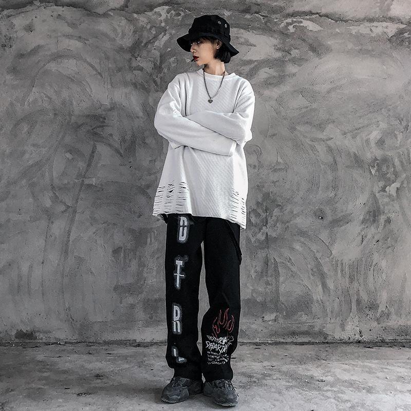 Streetwear Women's Printed Straight Loose Casual Pants Women's Dark Fun Funeral Pendant Drag Wide Leg Pants Women's Bottom