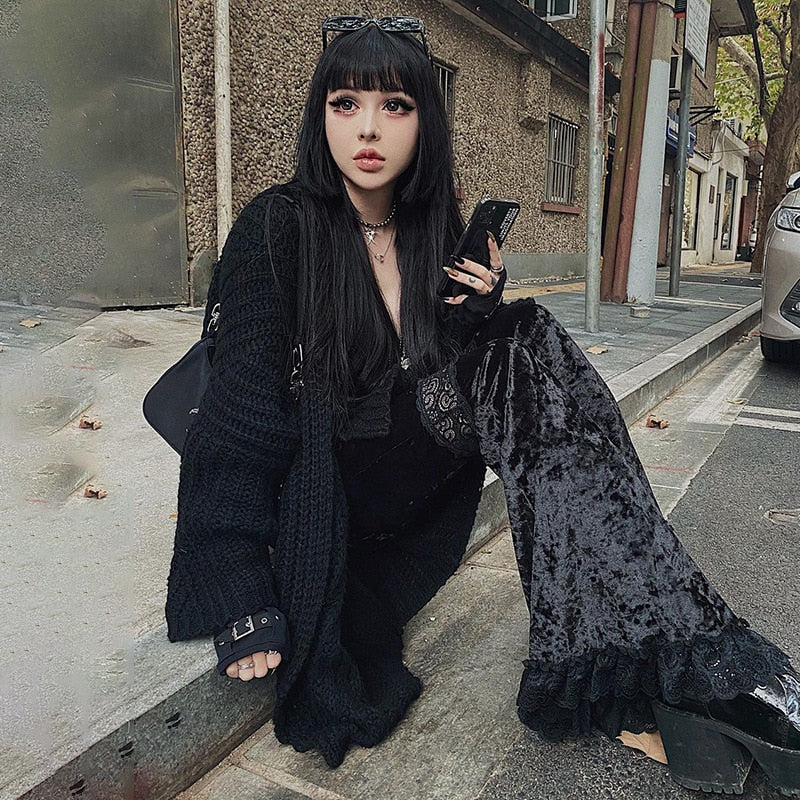 Sexy Fashion Patchwork Lace Solid Flare Pants Women Gothic Dark High Waist Loose Trousers New Street Suede Pants