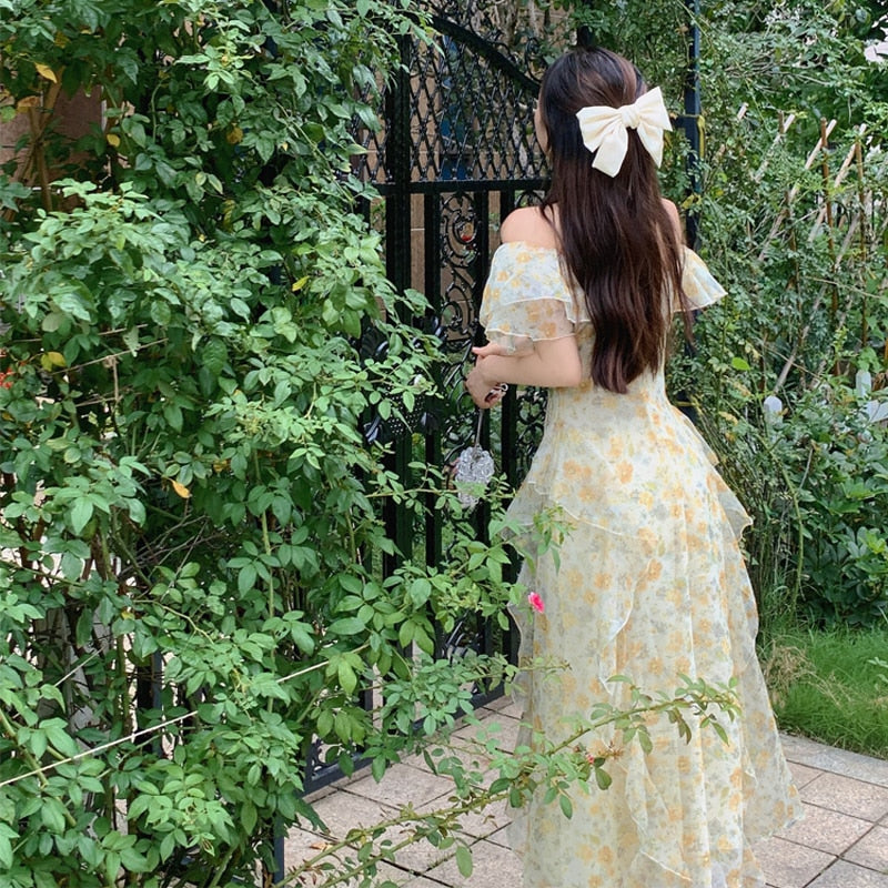 Off The Shoulder Dresses Women Ruffles Floral Designer Fairy Elegant Dress Female Summer Evening Party Vintage Midi Dresses