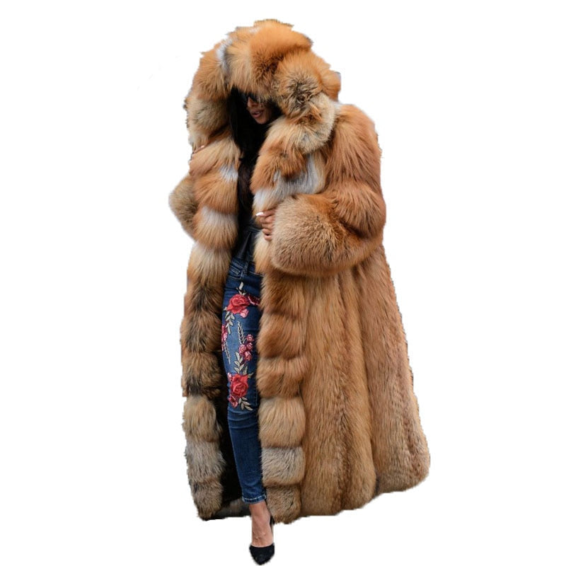 Pbong Fashion Long Winter Hooded Faux Fur Coat Loose Thick Warm Plus Size 5xl Artificial Fur Jacket Women Full Sleeve Outerwear Coats