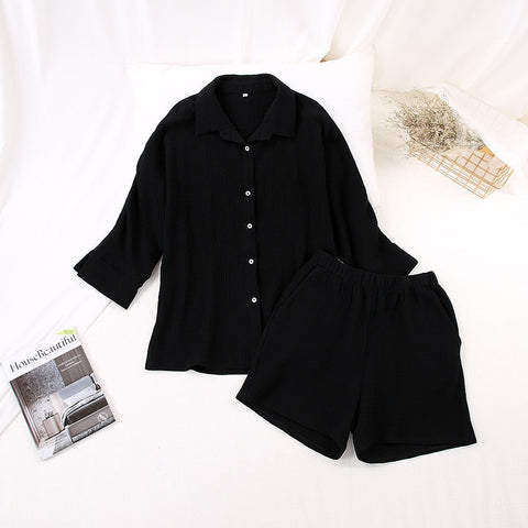 Casual Sleepwear Cotton Pajamas For Women Sets Suit Turn-Down Collar Nine Quarter Sleeve Sleep Tops Shorts Female Homewear