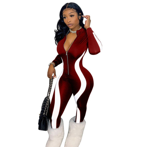 Fitness Sportwear Rompers Women Casual Stripe Patchwork Long Sleeve Zippes V Neck Workout Jumpsuit Outfit One Piece Overalls