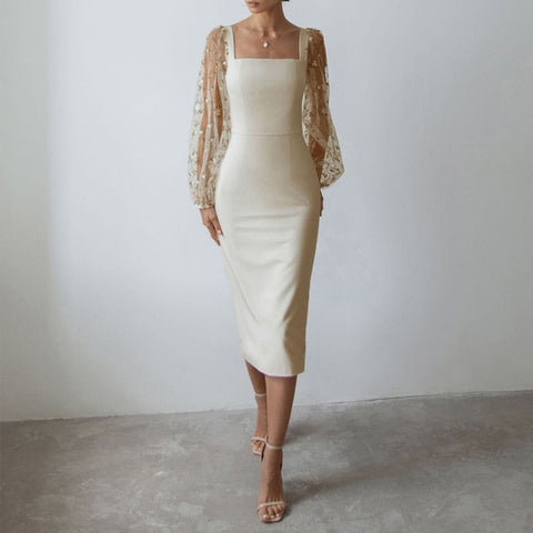 Sexy Sheer Lantern Sleeve Long Dress Fashion Patchwork Embroidery Mesh Party Dress Women Casual Square Collar Slim Bodycon Dress