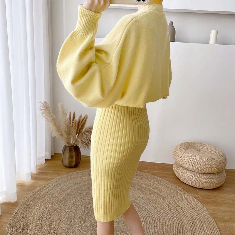 New Fall/Winter Bat Sleeve O-Neck Soft Sweater  + Women's Knitted Vest Long Dress Two-Piece Dress Sets Femme