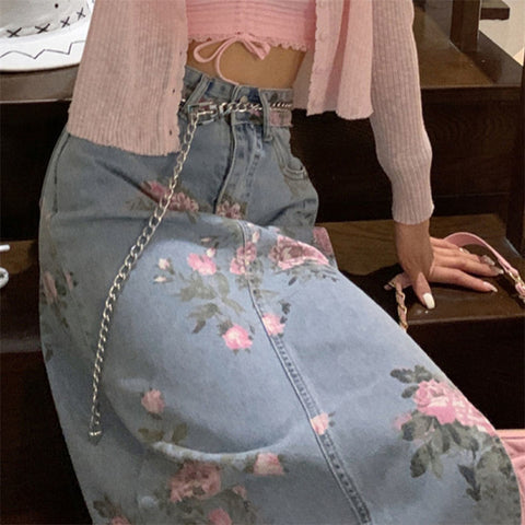 Streetwear Vintage Flowers Print Long Denim Skirts Summer High Waist Slim Sexy Open Split Straight Skirt Jeans Saias Female