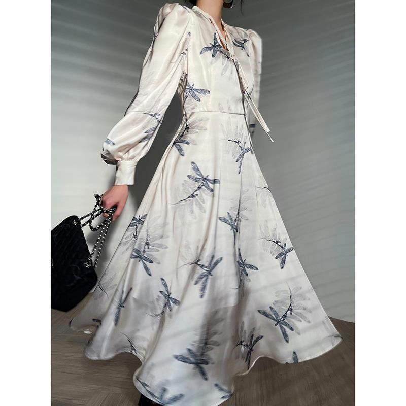 Early Autumn Women's Floral Print Satin Dress Deep V Long Sleeve Single Breasted High Waist Back Hollow Out Lady Loose Robe