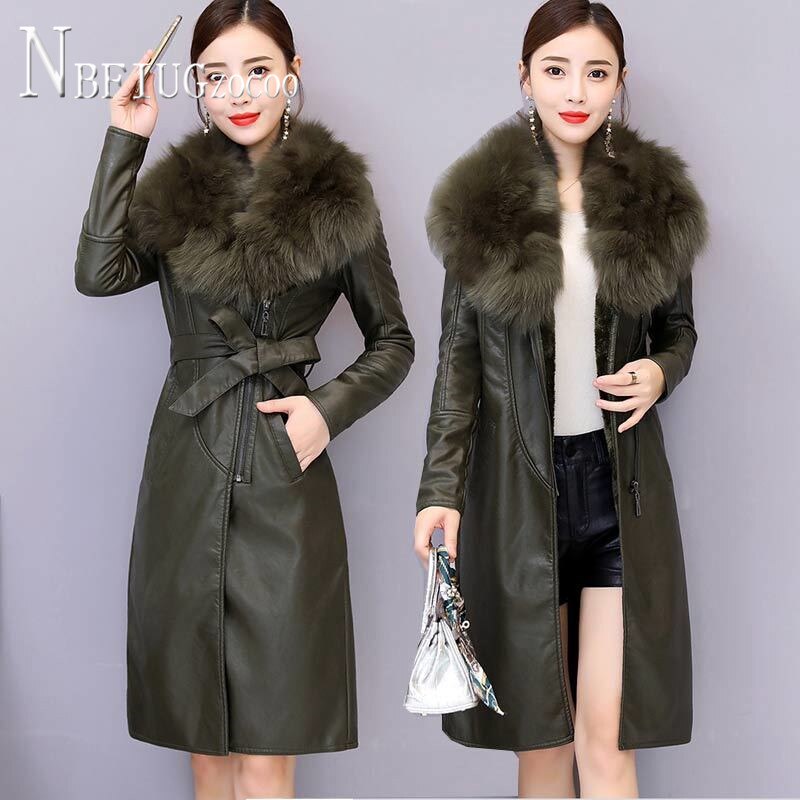 Faux Fur Collar Winter Women Pu Leather Coat Thick Korean Female Jacket